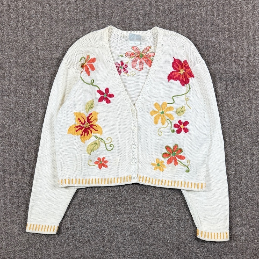 Vintage Colorful Floral V-Neck Cardigan Sweater Women’s M Soft-girl Cottage-core